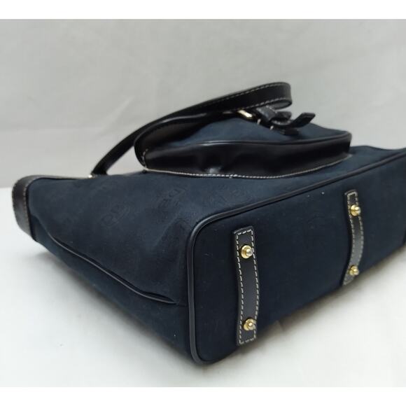 Dooney & Bourke Dark Blue Canvas DB Printed Buckle Pocket Zipper Tote Bag - Picture 14 of 16